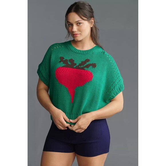 NWT Size XS -Anthropologie Maeve Short Sleeve Turnip Veggie Motif Sweater - Picture 6 of 16